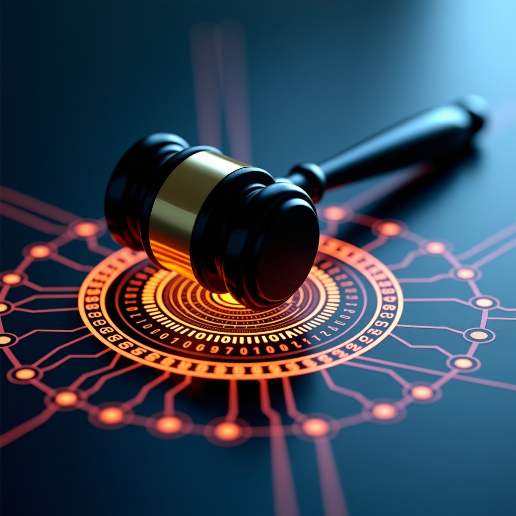 A digital gavel resting on a glowing circuit board patterned with binary code and legal scales, representing the intersection of law and AI technology, high contrast, 4:3