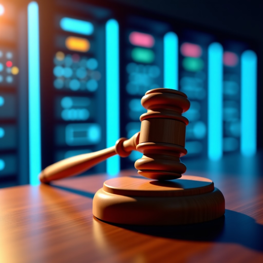 A wooden gavel on a desk next to a glowing server rack in a modern courtroom with digital interface projections. 4:3