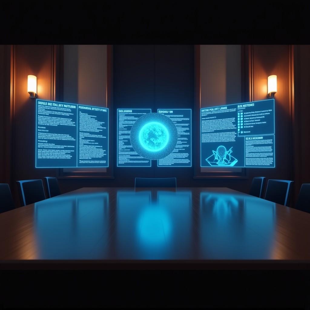 A cinematic shot of a modern courtroom with digital holographic displays showing AI neural networks and legal text on a dark wooden desk, professional atmosphere, 4:3