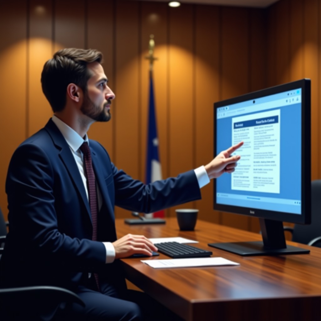 A realistic courtroom scene with a focused lawyer presenting digital evidence on a screen, professional atmosphere, warm indoor lighting, high contrast, 4:3