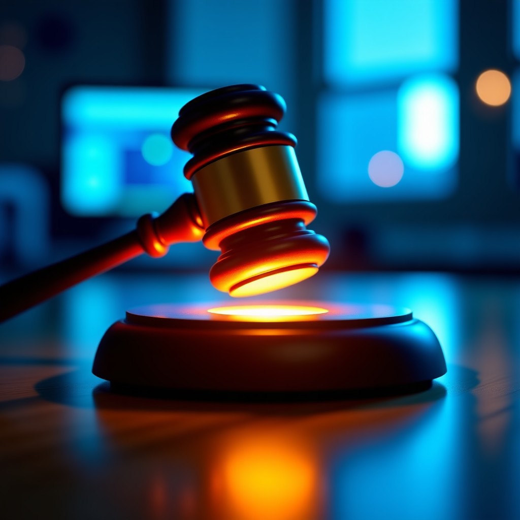 A professional and high-tech legal gavel hitting a glowing silicon chip, digital blue and orange lighting, cinematic atmosphere, 4:3