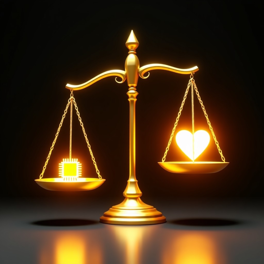 A conceptual image of a golden scale of justice with a glowing microchip on one side and a human heart on the other, professional lighting, high contrast, 4:3