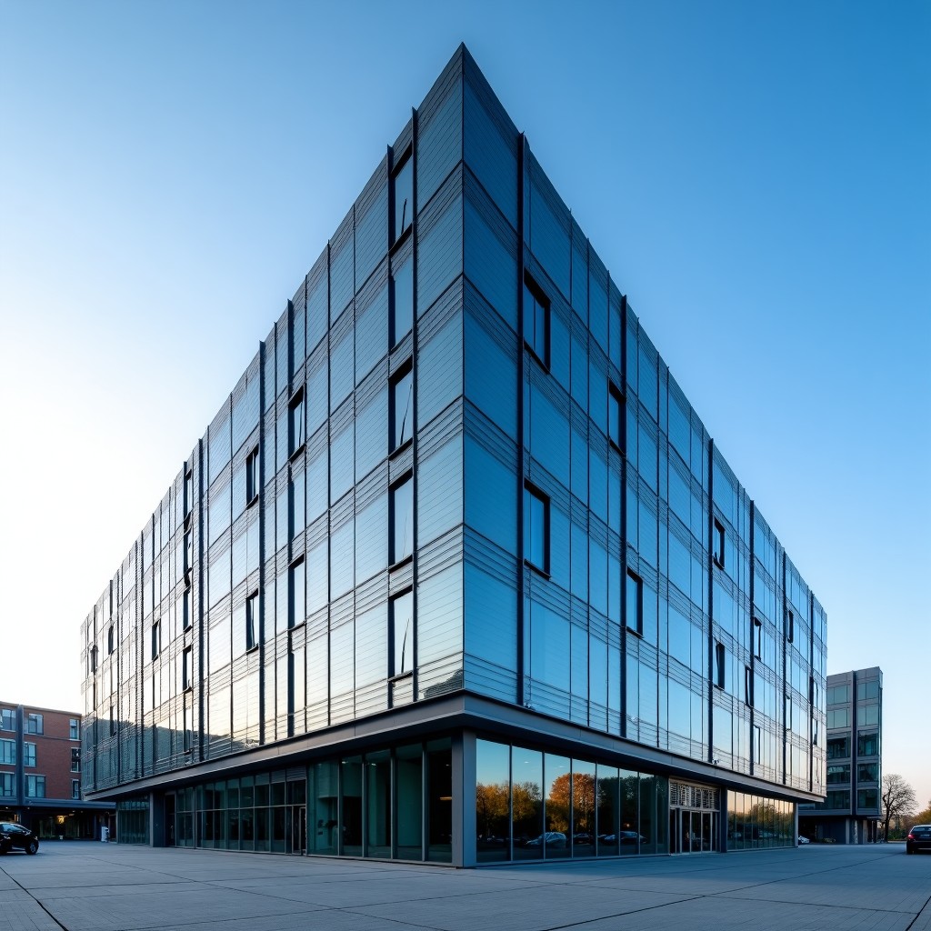 Wide angle shot of the European Commission building in Brussels, modern architecture, bright daylight, clear sky, professional photography style, 4:3