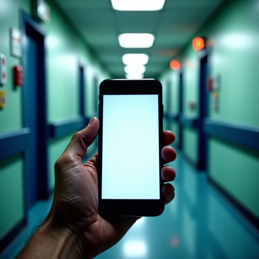 A first-person perspective of a hand holding a smartphone in a blurry hospital emergency room hallway. The screen shows a text conversation. The lighting is sterile and cool-toned. Realistic photography style. 4:3