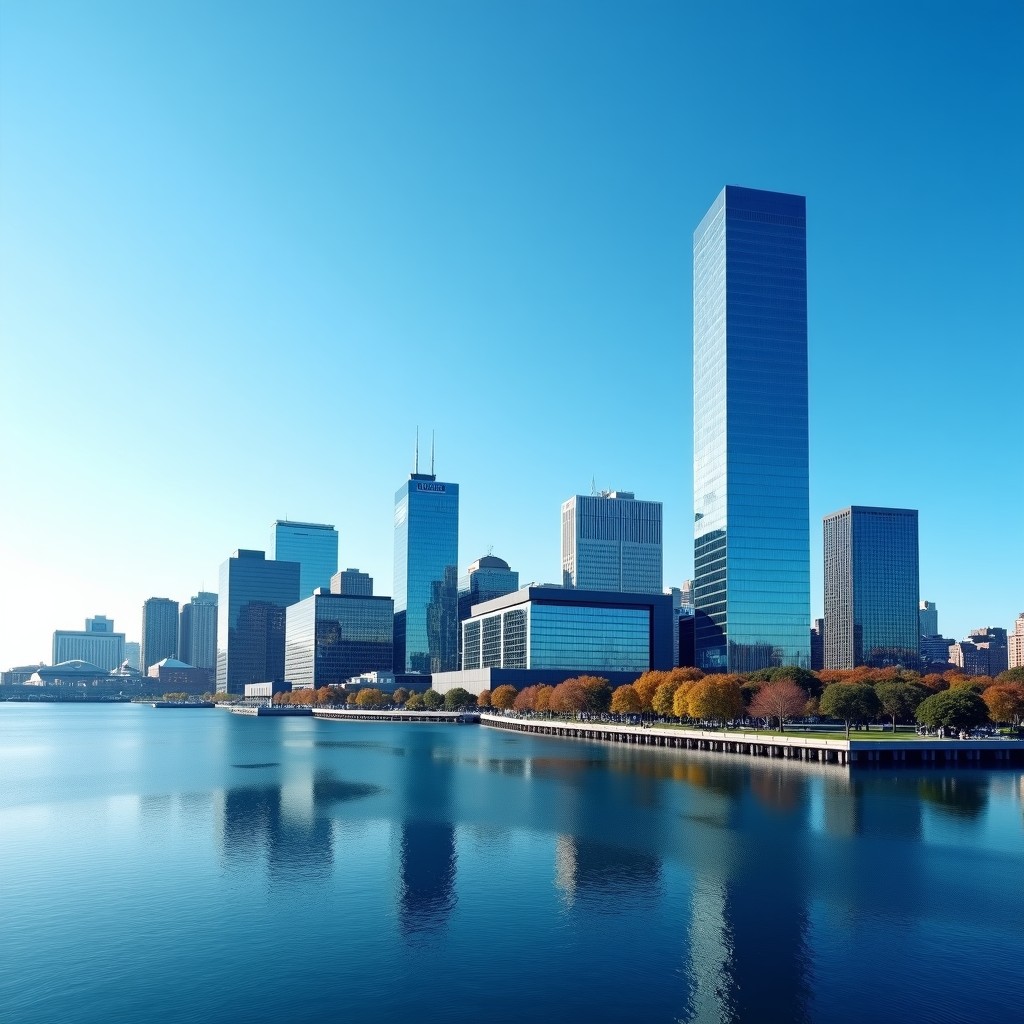 Modern Boston skyline view including a contemporary convention center, bright blue sky, clean architectural photography, professional and optimistic mood, 1:1