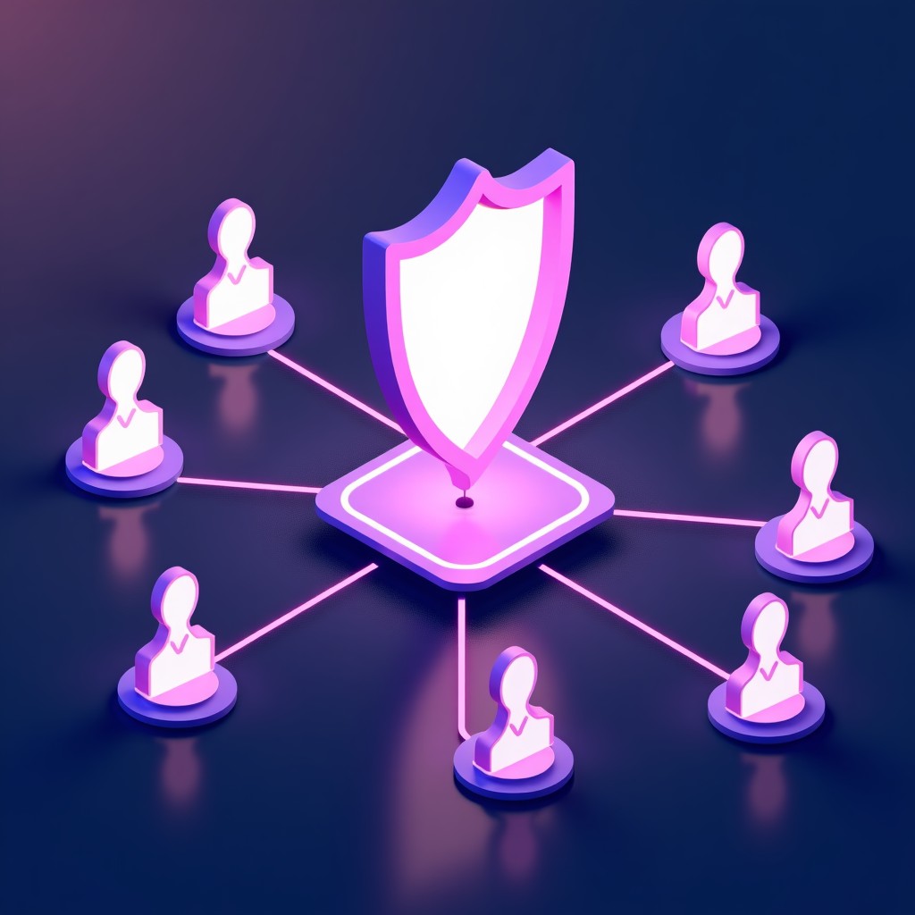 A modern layout showing a glowing digital shield protecting a network of interconnected nodes and personal profiles. High-tech aesthetic with gradient backgrounds in purple and blue. Clean infographic style. 4:3