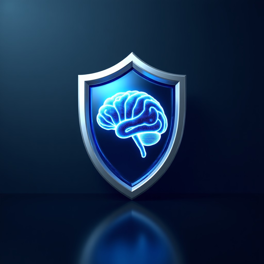 A sleek digital shield protecting a glowing brain icon representing AI, high contrast, blue and silver metallic textures, professional security concept, 4:3