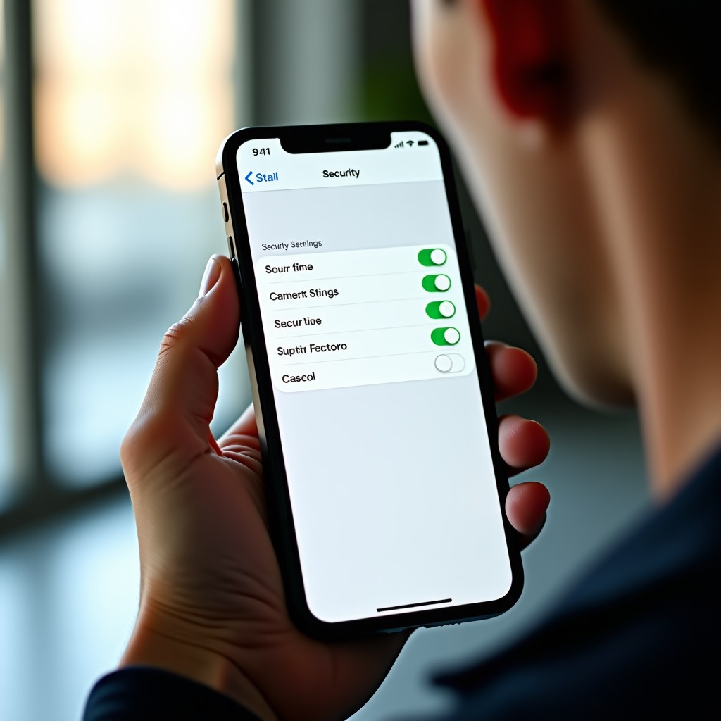 A person holding a smartphone displaying a security settings interface with toggle switches, soft natural lighting, focus on the screen, realistic lifestyle, 4:3