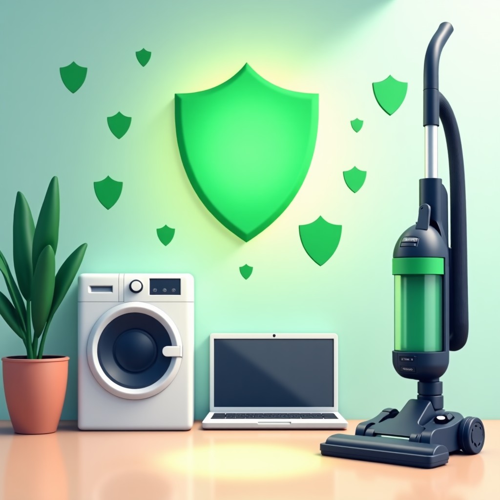 A modern smart home interface showing green security shields over various home appliances including a vacuum, stylized digital illustration, clean and safe atmosphere, 4:3