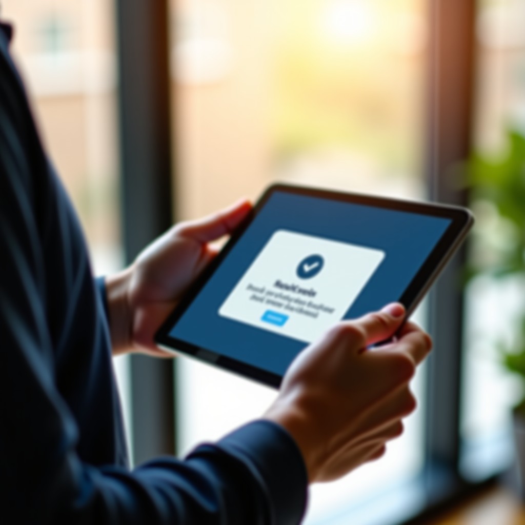 A person holding a tablet showing a secure notification interface with a checkmark, clean modern home environment, warm natural morning light, high resolution, 1:1