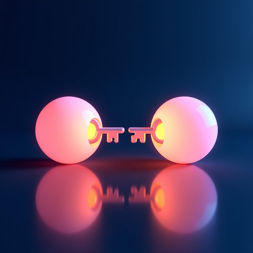 Conceptual illustration of digital keys being shared between two glowing spheres, abstract representation of secure data transfer, gradient background, 4:3