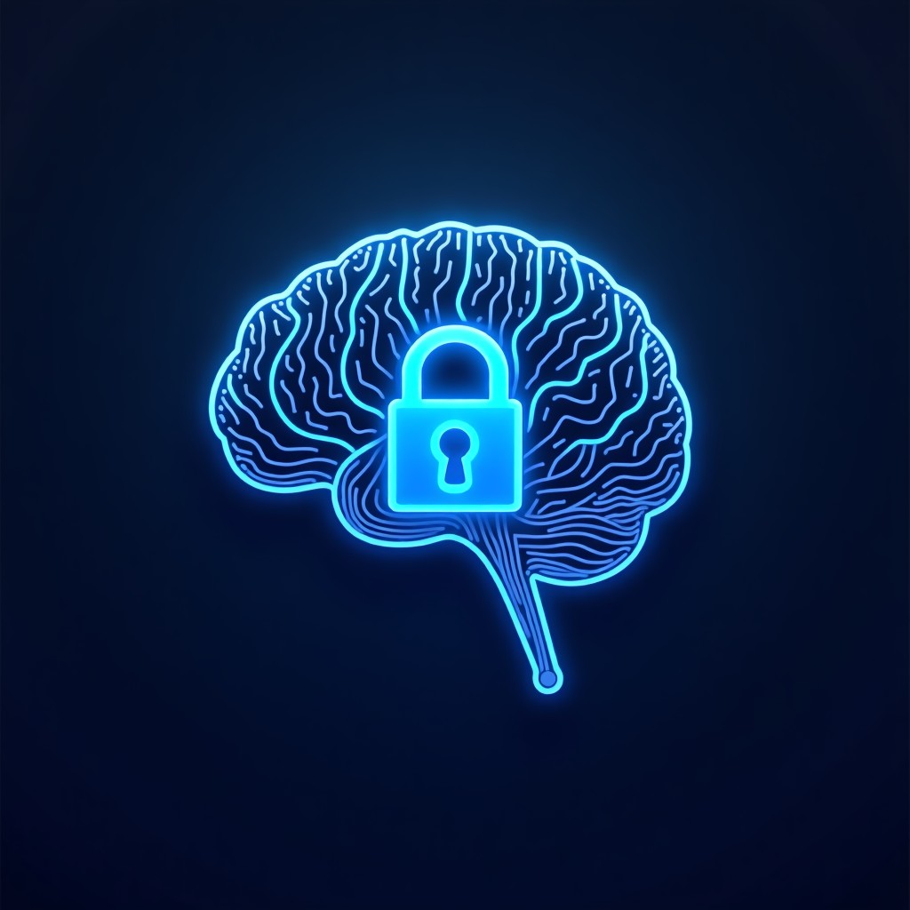 Security lock icon integrated with a brain-like circuit, digital data stream, high tech aesthetic, cybersecurity for Moltbook, 1:1