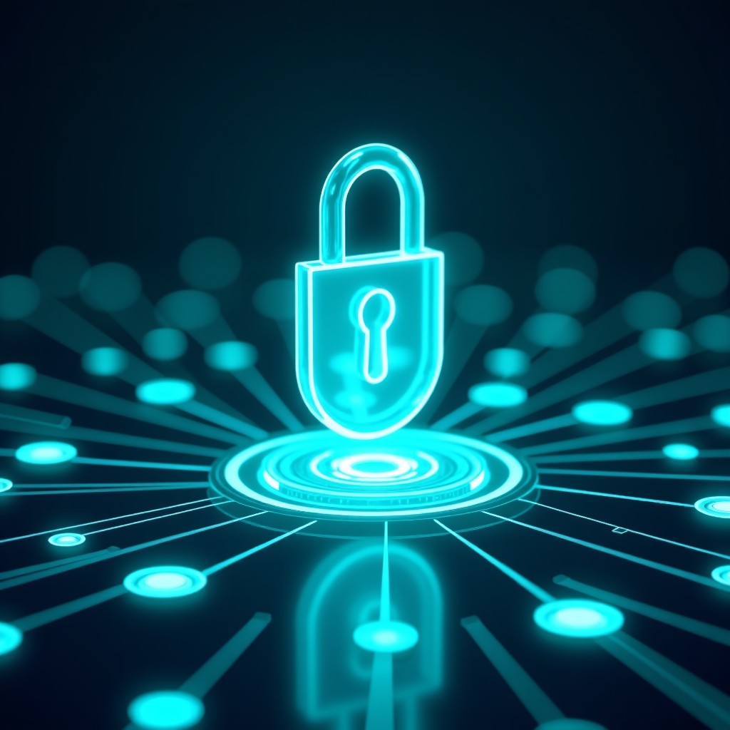 A high-tech digital security concept featuring a stylized lock and data protection shields over a futuristic interface. Soft blue and teal neon lighting. Professional and trustworthy atmosphere. No text. 4:3