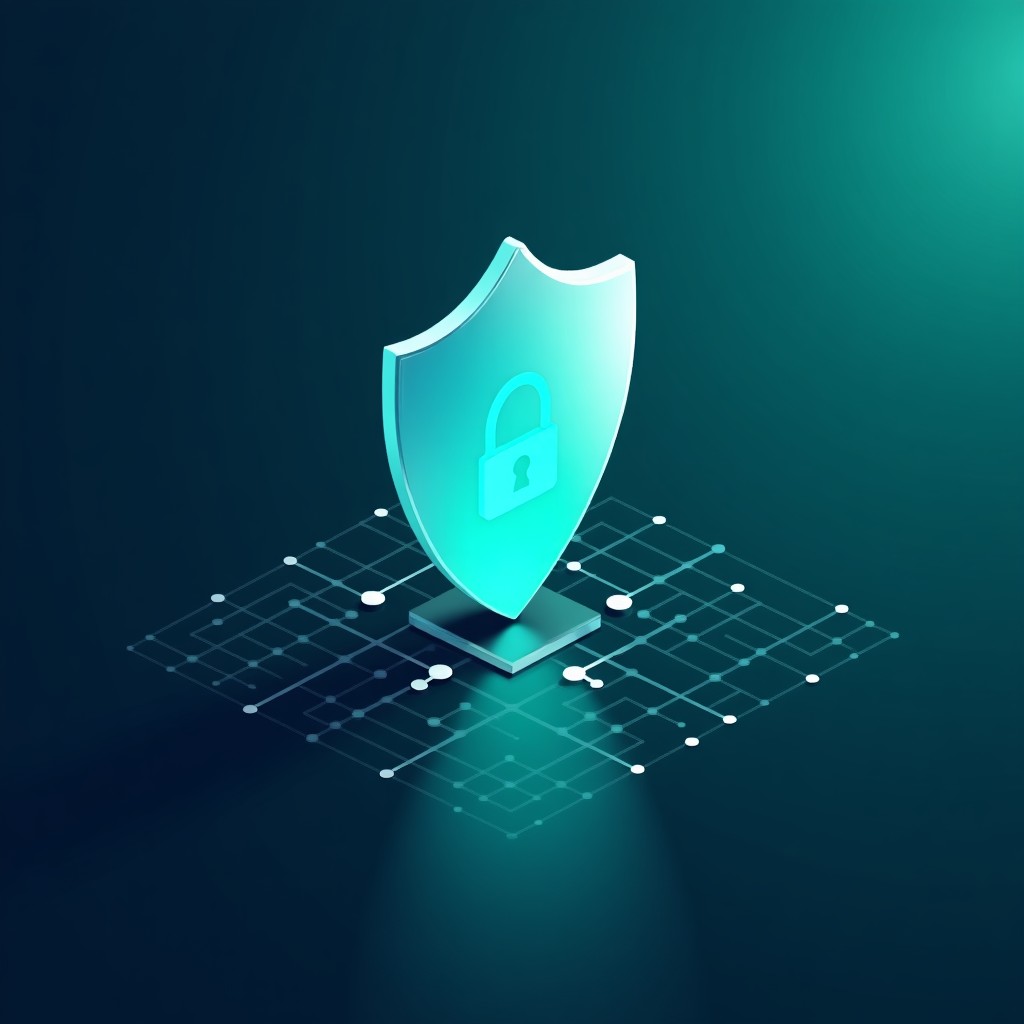 A symbolic representation of data security featuring a translucent shield over a grid of data points. Modern soft lighting, shades of teal and navy blue, professional and trustworthy feel, 4:3.