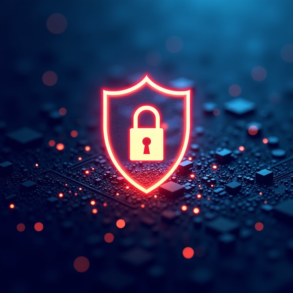 Abstract representation of data security and reliability, a glowing digital shield over a circuit board background, professional and clean design, 4:3