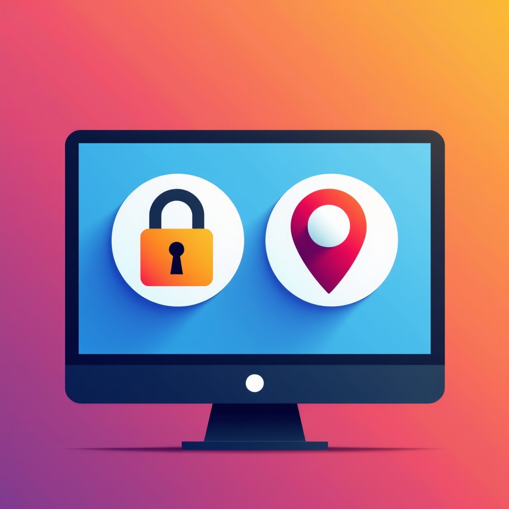 A digital screen displaying stylized privacy and security icons like a padlock and a location pin. Modern flat design. Vibrant gradient background. Informational style. 4:3