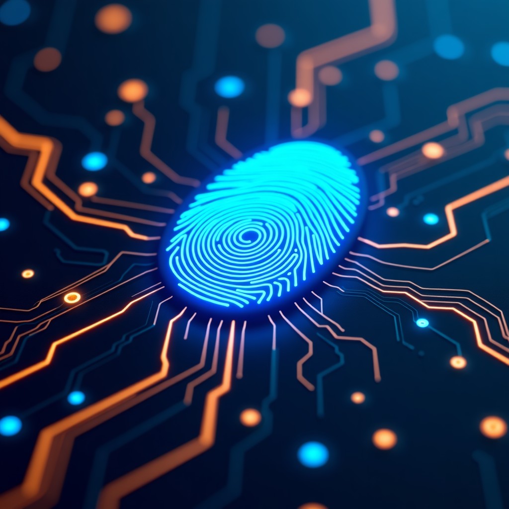 A glowing neon blue fingerprint icon centered on a high-tech circuit board background. Intricate lines and golden data paths flowing through the board. Cinematic lighting with a futuristic feel. No text. 4:3