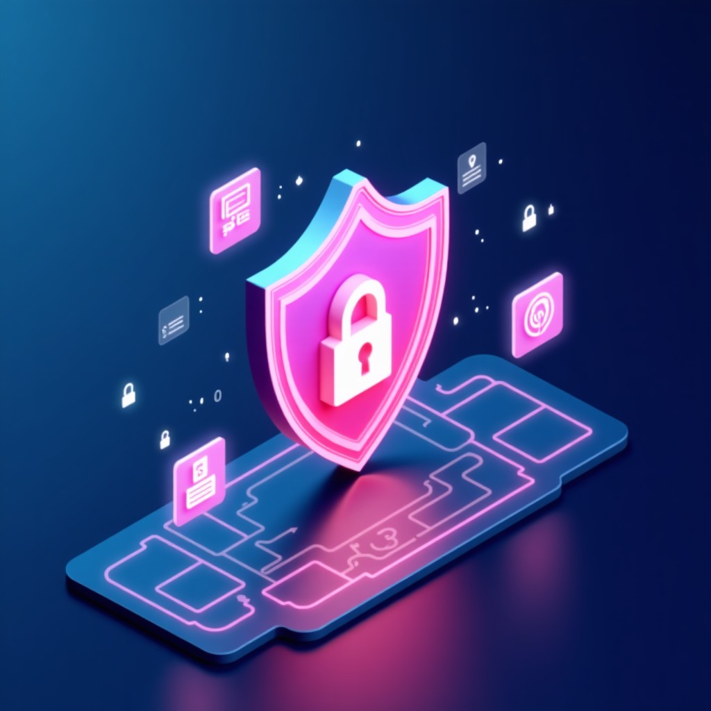 A modern and clean digital security concept illustration showing a glowing shield and holographic data icons. Professional high contrast style with a blue and purple gradient background. No text. 1:1