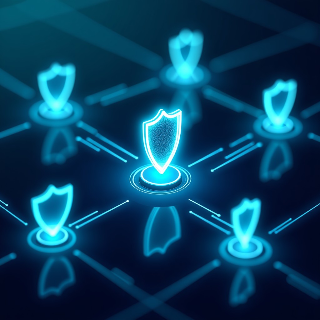 A conceptual illustration of secure digital communication showing glowing interconnected nodes and shield icons. Dark blue and cyan gradient background with a high-tech feel. 4:3