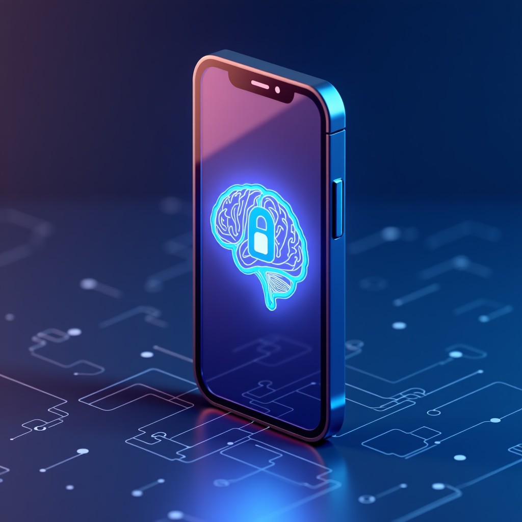 A conceptual 3D rendering of a smartphone screen showing a secure virtual lock symbol combined with an AI brain icon. Deep blue and purple gradient background with digital grid patterns. Professional and trustworthy visual style. 4:3