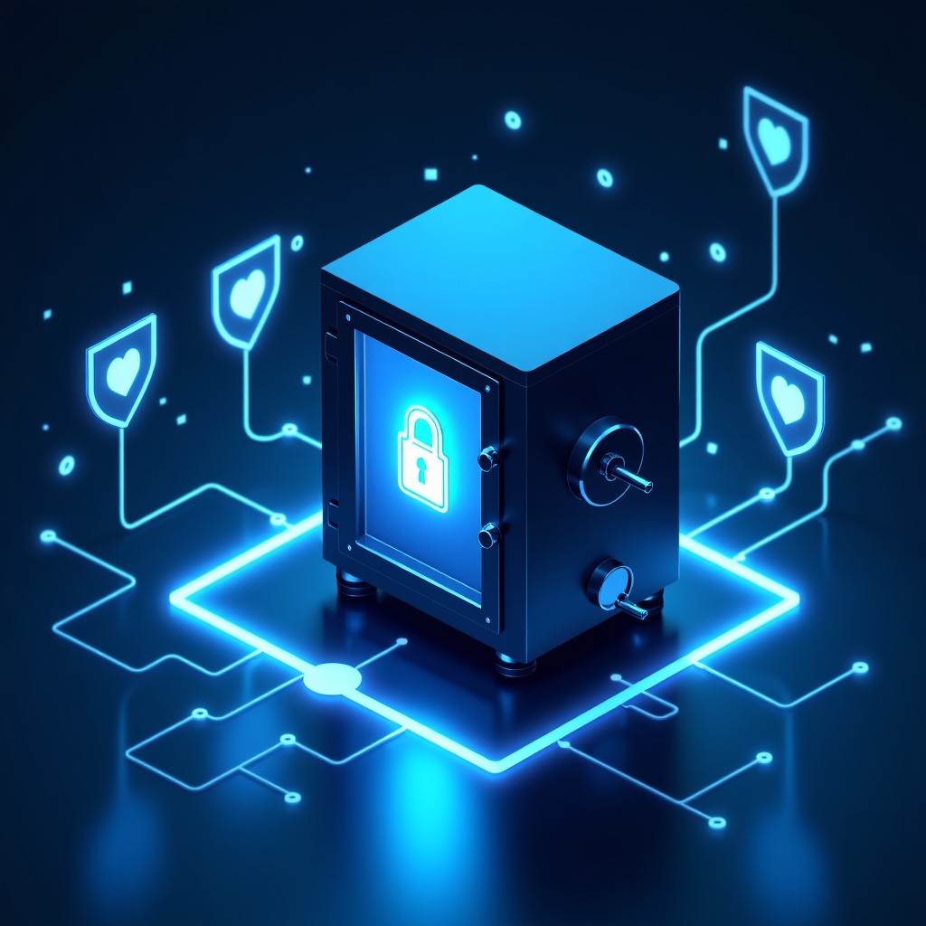 A conceptual image of a secure digital vault surrounded by glowing data lines and shield icons. Professional corporate technology environment. High contrast and clean composition. No text. 4:3