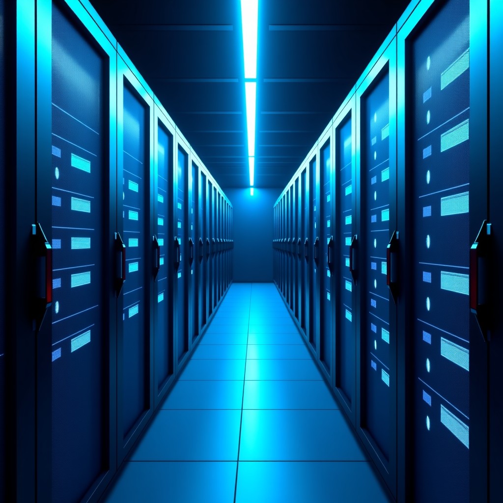 A high-security server room with glowing blue lights, digital locks, representing classified cloud environments, futuristic technology, 4:3
