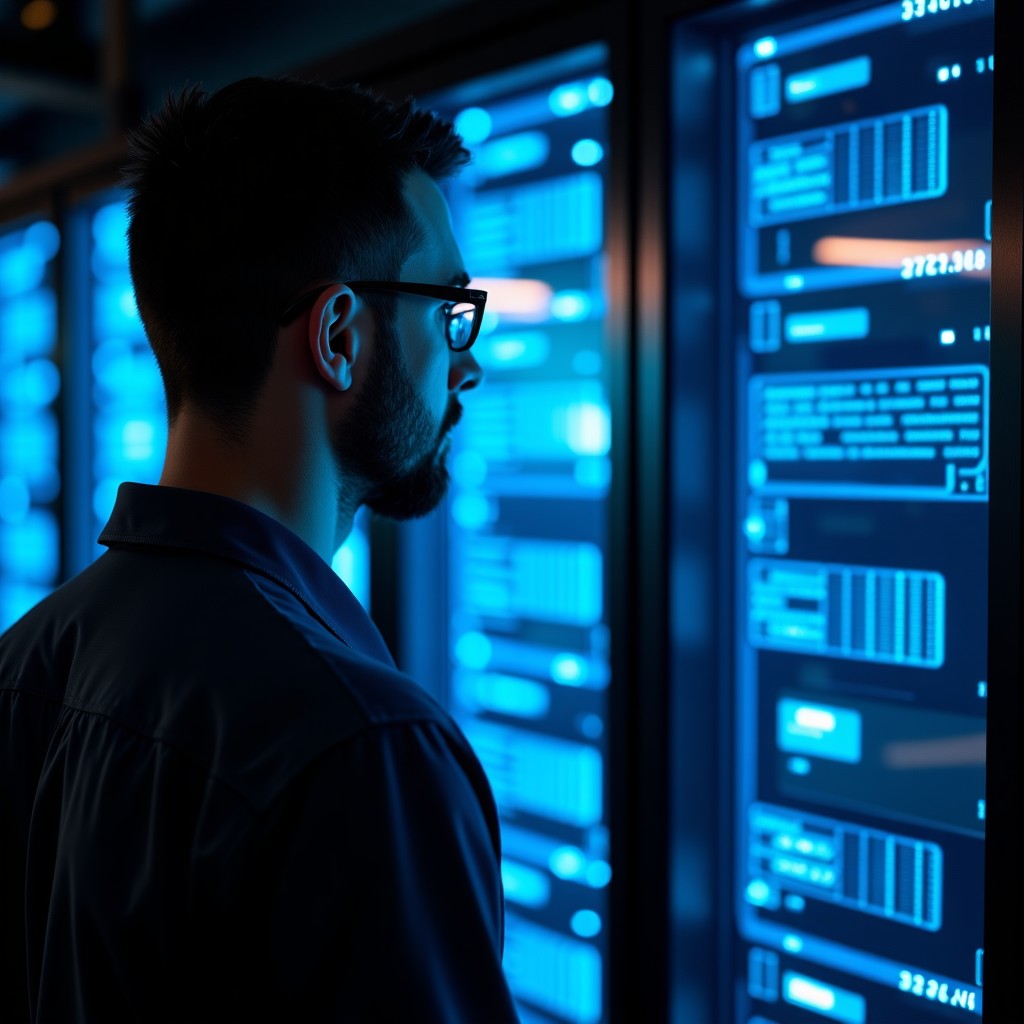 A professional IT technician looking at holographic server data displays in a dark room focused expression 4:3