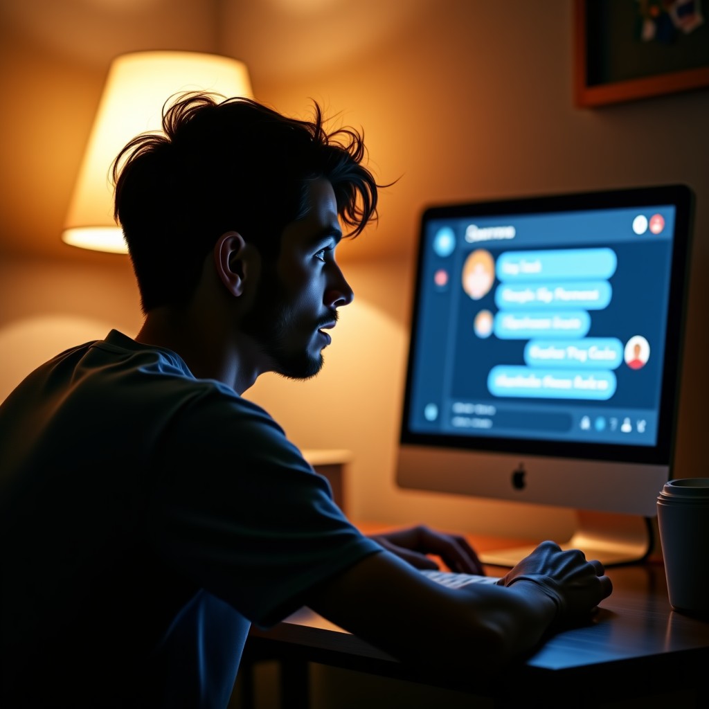 A person sitting in a dimly lit room looking at a computer screen showing a chat interface with a digital assistant. The person looks emotionally overwhelmed or dependent. Soft warm lighting from the screen. Realistic lifestyle photography. 4:3
