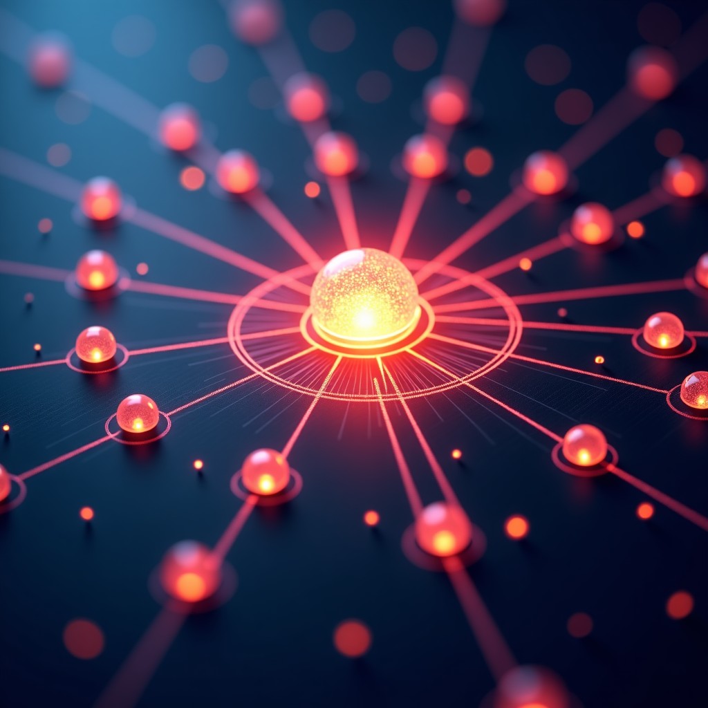 A glowing central hub connecting various digital streams of light representing different AI models, abstract concept of a unified API gateway, cinematic lighting, vibrant technological atmosphere, high contrast, 1:1