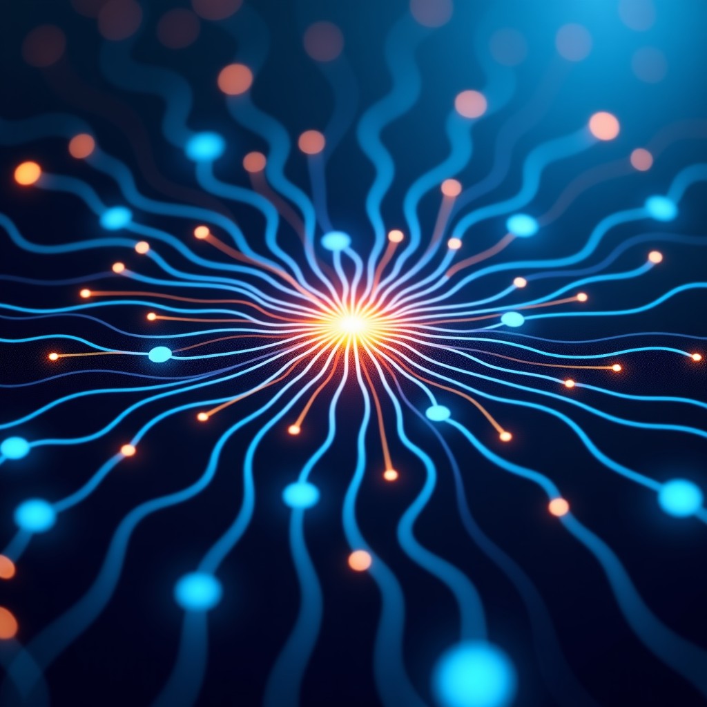 Abstract representation of complex data networks merging into a central core, vibrant blue and amber lights, intricate patterns of connectivity, high contrast, 4:3