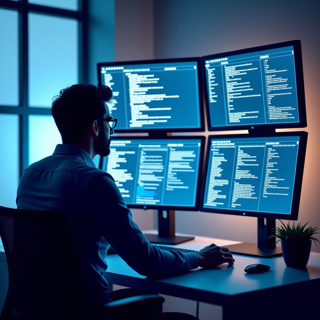 A software engineer working at a desk with multiple monitors showing complex code and AI architecture diagrams. High contrast, clean infographic style, 4:3