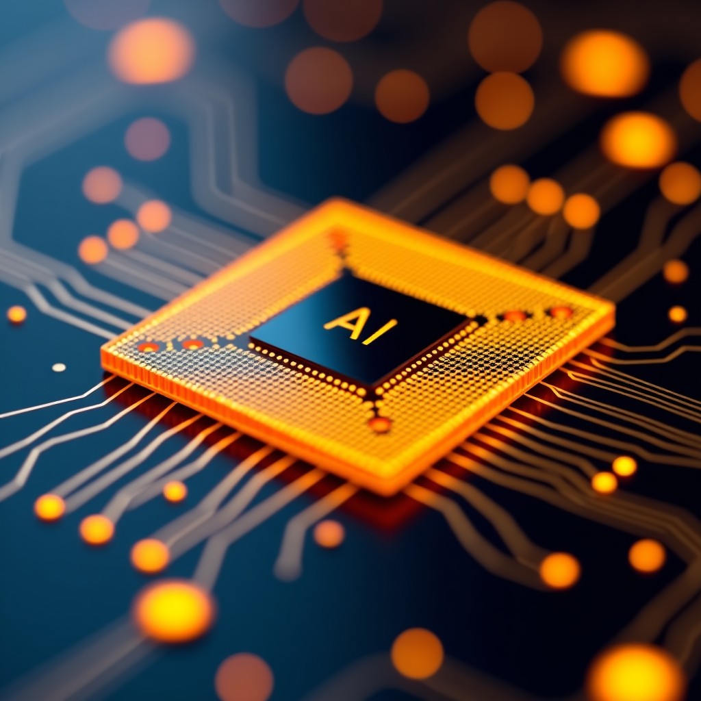 Close-up of a high-tech AI semiconductor chip with golden circuits and glowing micro-elements. Realistic macro photography, industrial technology aesthetic. 4:3