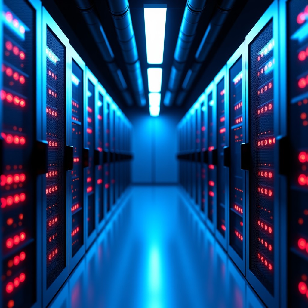 A high-tech server room with glowing blue and red lights, abstract digital data flows, network cables connected to servers, modern data center atmosphere, clean professional look, 4:3