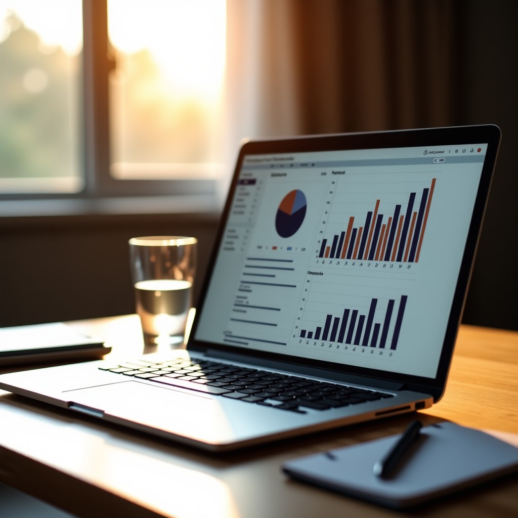A realistic close-up of a high-resolution laptop screen displaying complex financial charts and legal data being processed by an AI agent. A glass of water and a professional notebook are on the wooden desk nearby. Warm and natural sunlight streaming through a window. 1:1