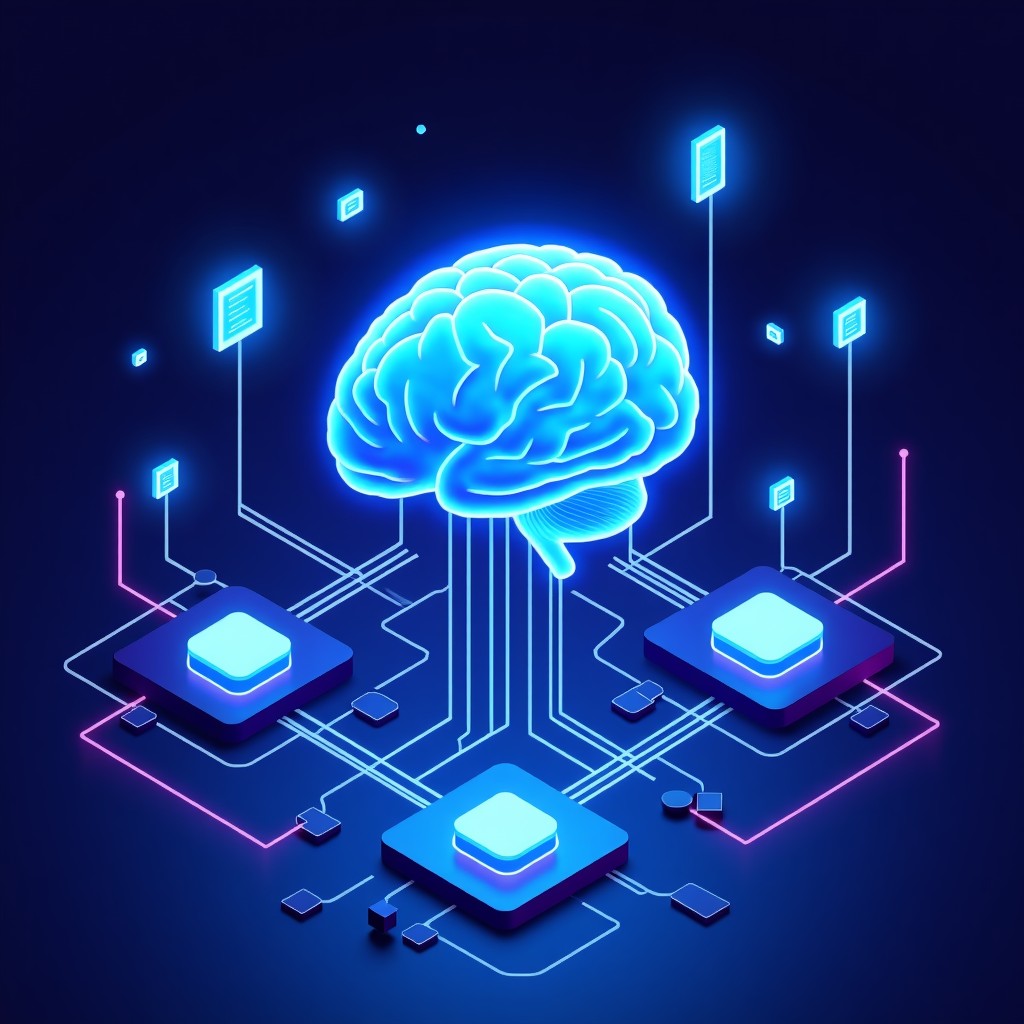 A modern and clean infographic style illustration showing a glowing AI brain connected to various data nodes. Bright blue and purple gradient colors with high contrast. The composition is centered and visually rich with technological elements. 1:1