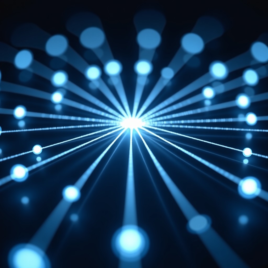 Abstract visualization of a Merkle tree data structure, connecting nodes with glowing lines, digital geometry, clean white and blue lighting, high-tech information architecture, 4:3