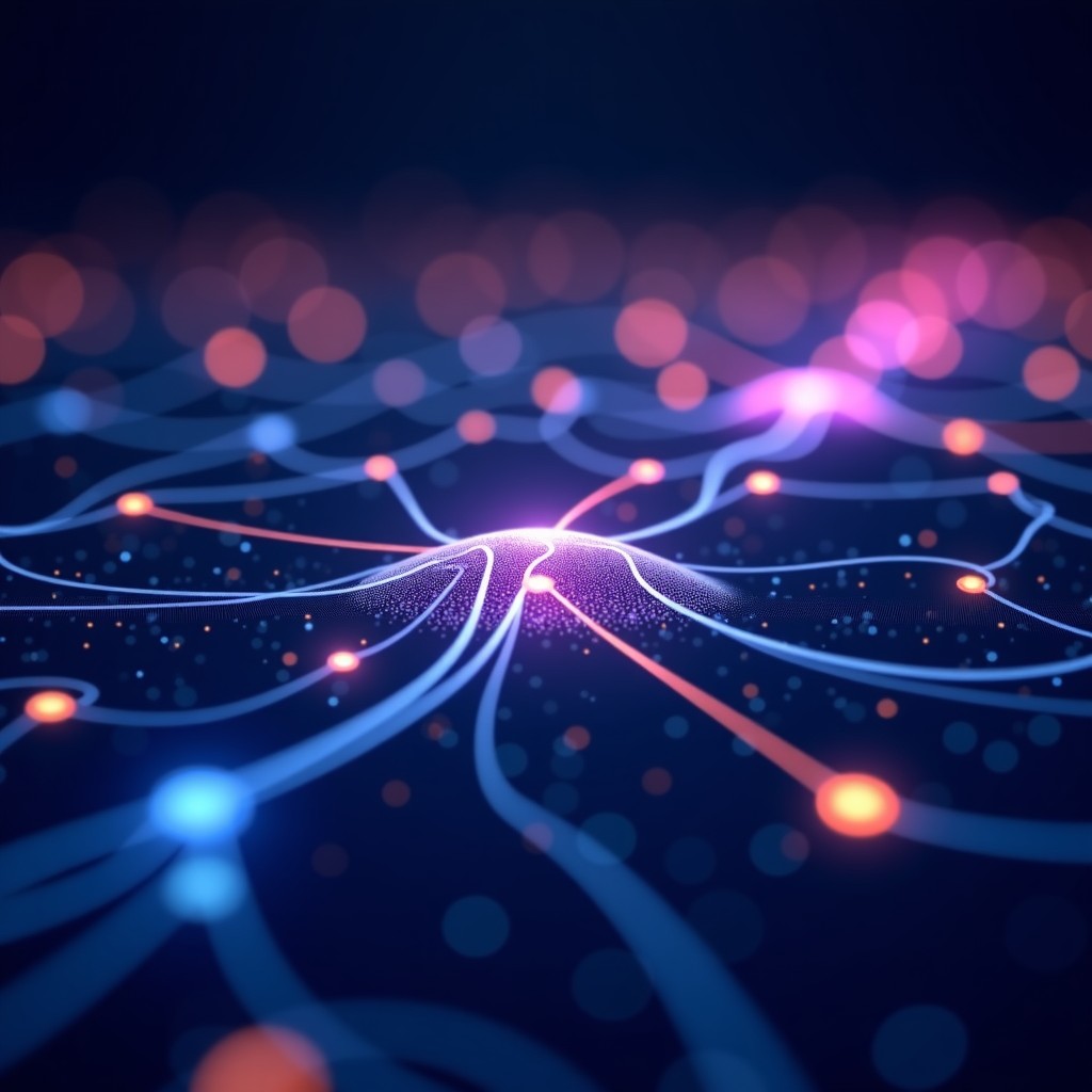 An abstract high-tech background with glowing interconnected lines and nodes representing artificial intelligence and data networks. Deep blue and purple color palette. 4:3