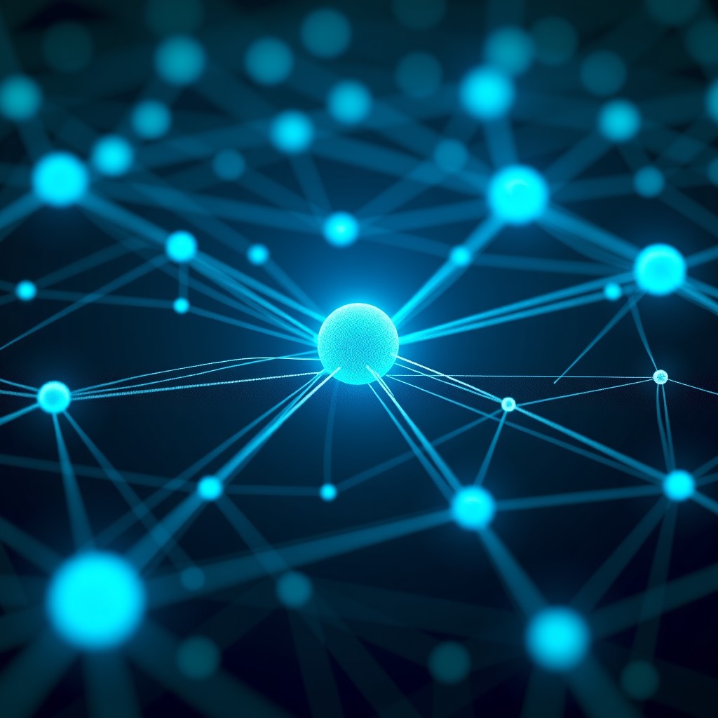 Abstract digital visualization of glowing nodes and interconnected lines representing complex neural networks and software architecture. Vibrant electric blue and deep teal colors. High contrast cinematic lighting 4:3