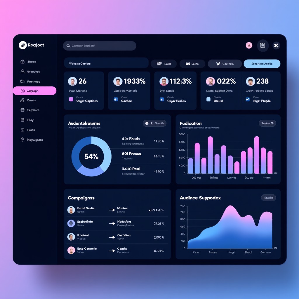 A sophisticated digital dashboard showing complex marketing data visualization, audience segments, and campaign performance metrics. High contrast, professional UI/UX design, dark mode theme with vibrant blue and purple accents, 4:3