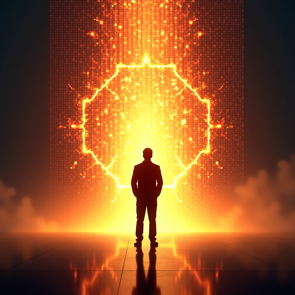 A silhouette of a person standing in front of a large digital screen with complex nodes and connections. The lighting is warm and triumphant, representing a breakthrough. Artistic rendering. 1:1