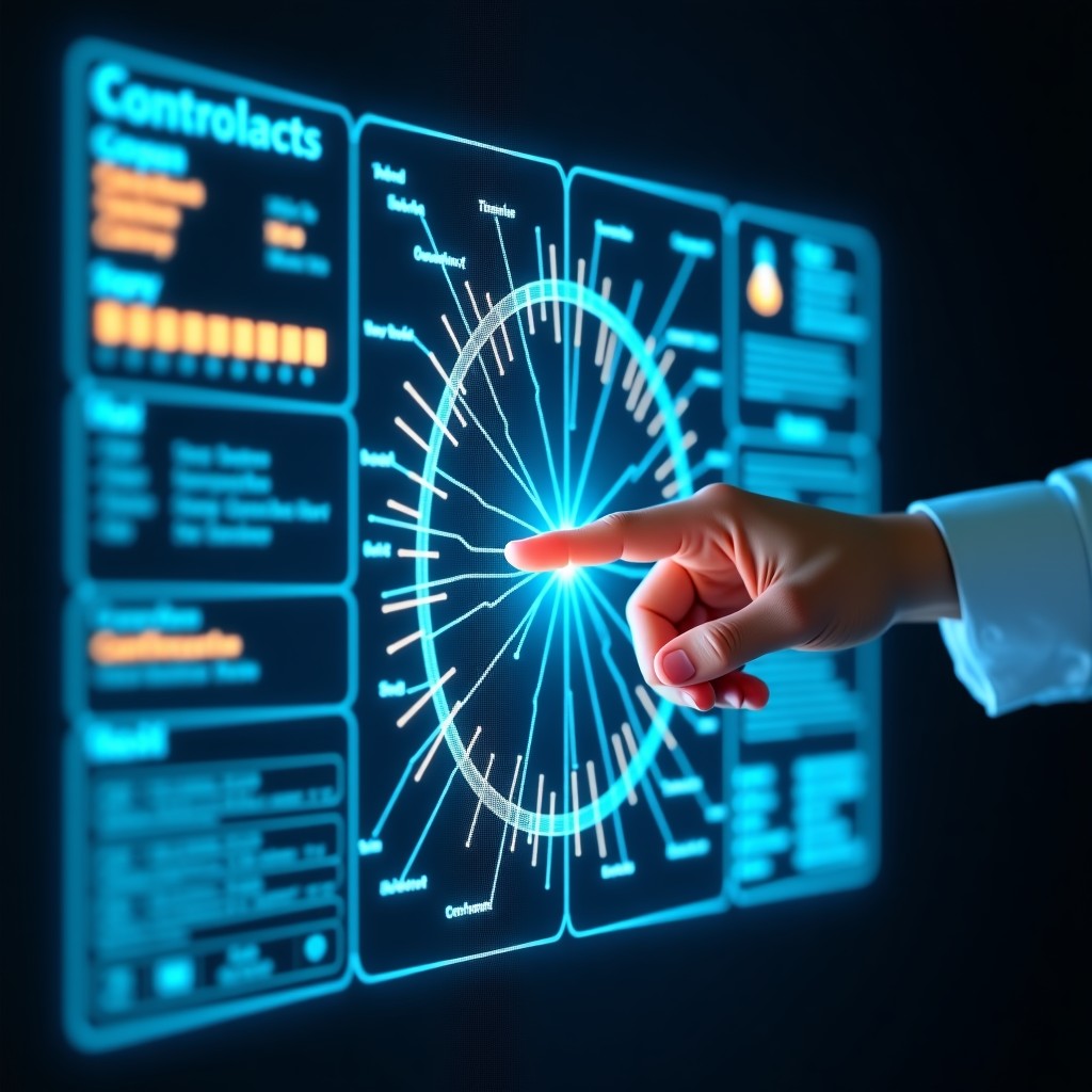 An artistic rendering of a digital translucent screen analyzing complex legal contracts with highlighted nodes and connections. Dark textured background, futuristic and high-tech feel. 1:1