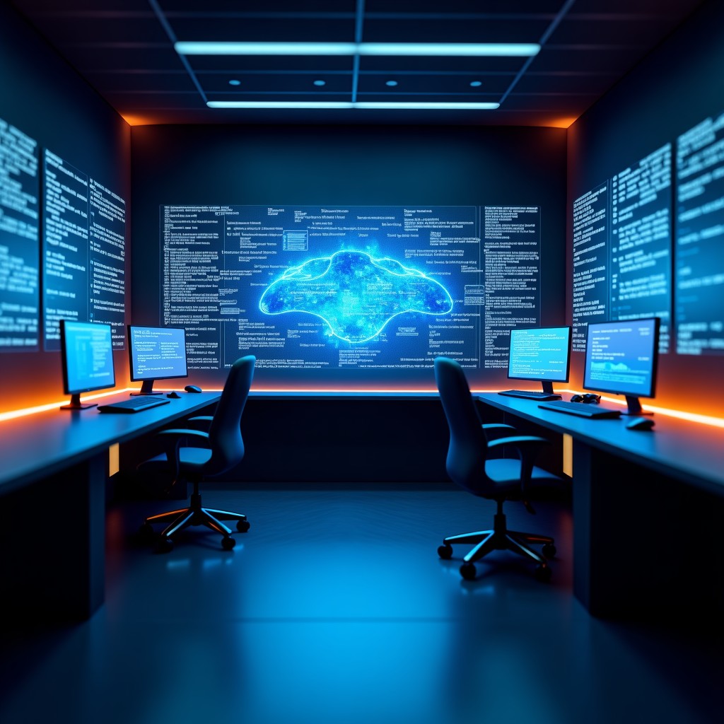 Professional data security monitoring room, digital stream of binary codes being transferred, abstract representation of AI model distillation, dark mode interface, neon blue and orange accents, 4:3