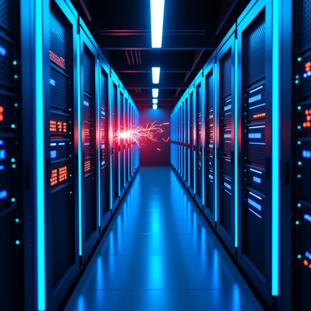 A modern server room with glowing blue cables, one section is sparking with red electricity indicating a critical system failure, realistic photography, wide angle, high quality details, 4:3