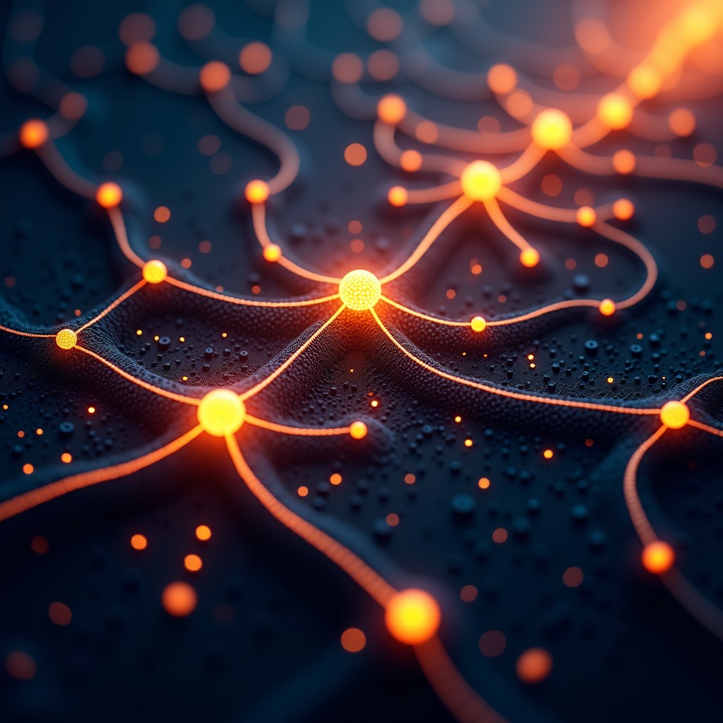 Intricate neural network structure with glowing nodes and golden fiber optic connections, abstract digital art style, deep dark background with vibrant light trails, 4:3