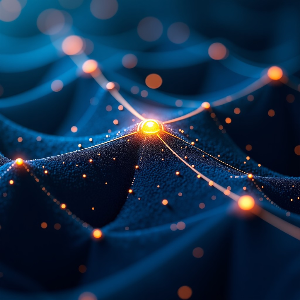 Complex neural network visualization, mixture of experts architecture, data flow between nodes, glowing blue and gold colors, 4:3