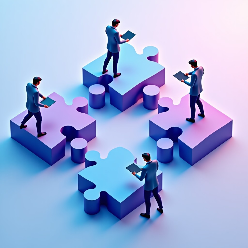 Conceptual illustration of digital AI agents moving pieces of a complex puzzle representing business workflows. Clean infographic style, soft blue and purple gradient background, high contrast, minimalist icons. 1:1