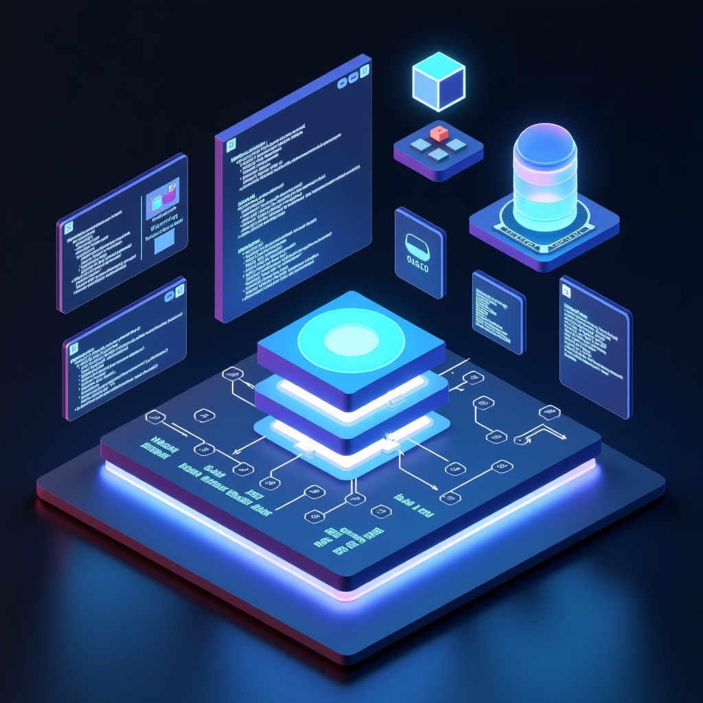 A detailed digital interface showing a semantic reasoning layer for AI agents. Floating windows with code snippets, logic flowcharts, and 3D data structures. High contrast, clean layout. 4:3