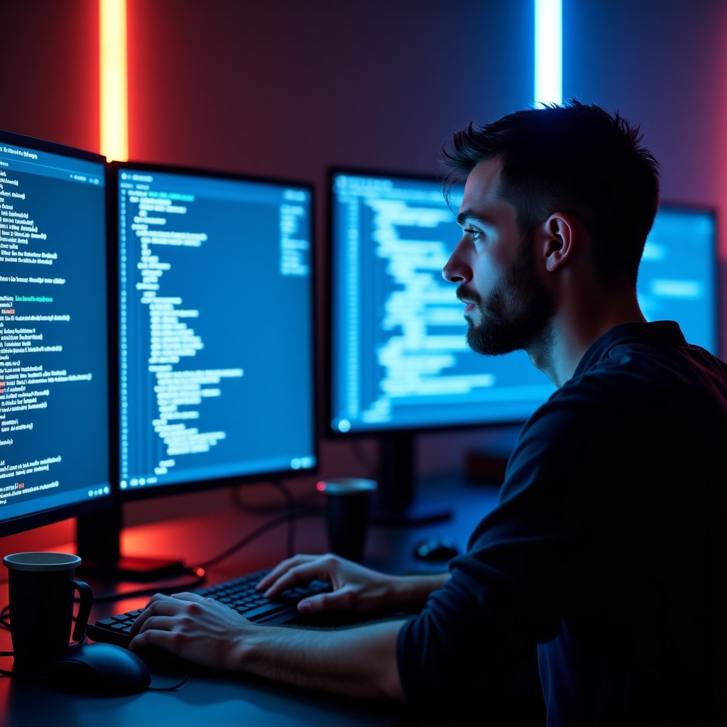 A software engineer looking at a screen with complex code, focused expression, dark room with neon accents, tech company atmosphere, detailed composition, 4:3