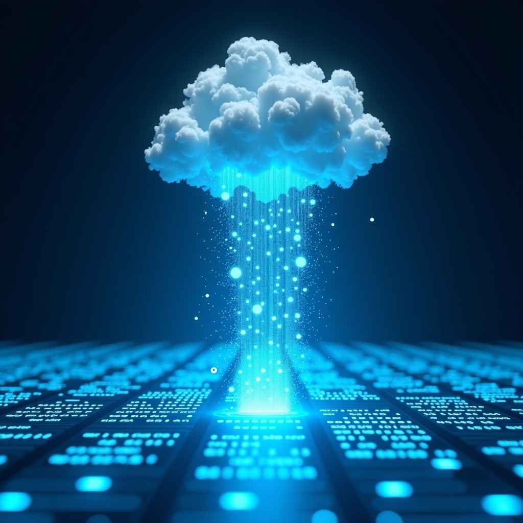 Digital data transformation showing messy floating text clouds being sucked into a glowing organized grid of table cells, high-tech interface, blue and cyan lighting, 4:3