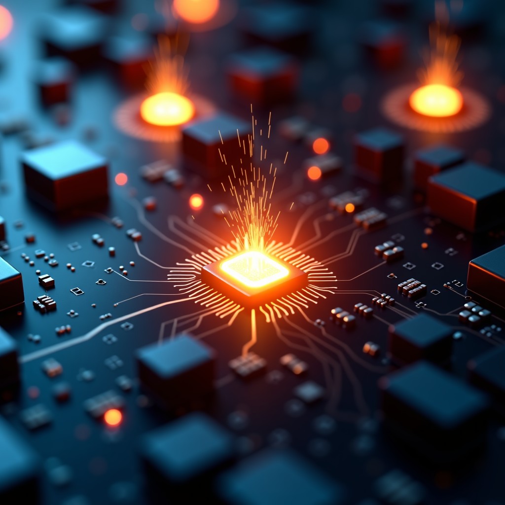 A close up of a glowing circuit board with a broken safety switch sparks flying and digital code symbols in the background high contrast tech aesthetics 4:3